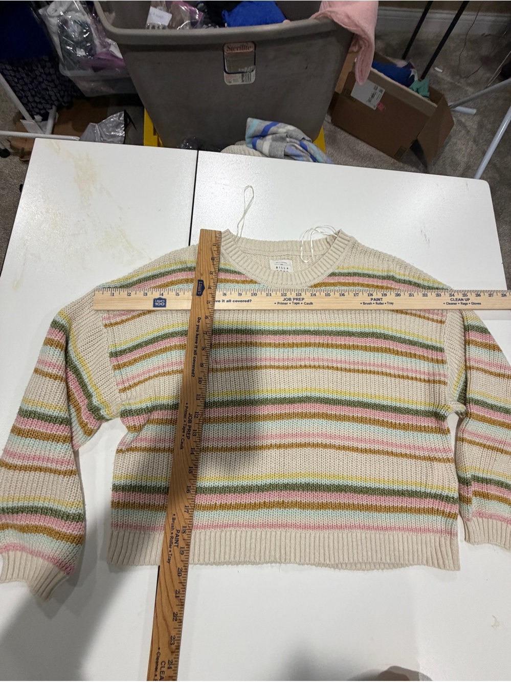 Billabong Cream Crewneck Sweater with Pastel Pink, Green & Tan Stripes